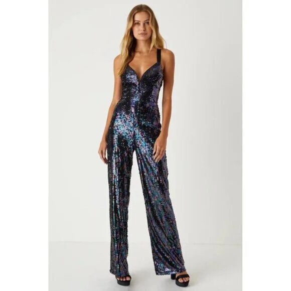 πͺ©π70s GLAM DISCO ERA!ππͺ© High-Shine Iridescent Black Sequin Lace-Up Jumpsuit - Picture 2 of 10